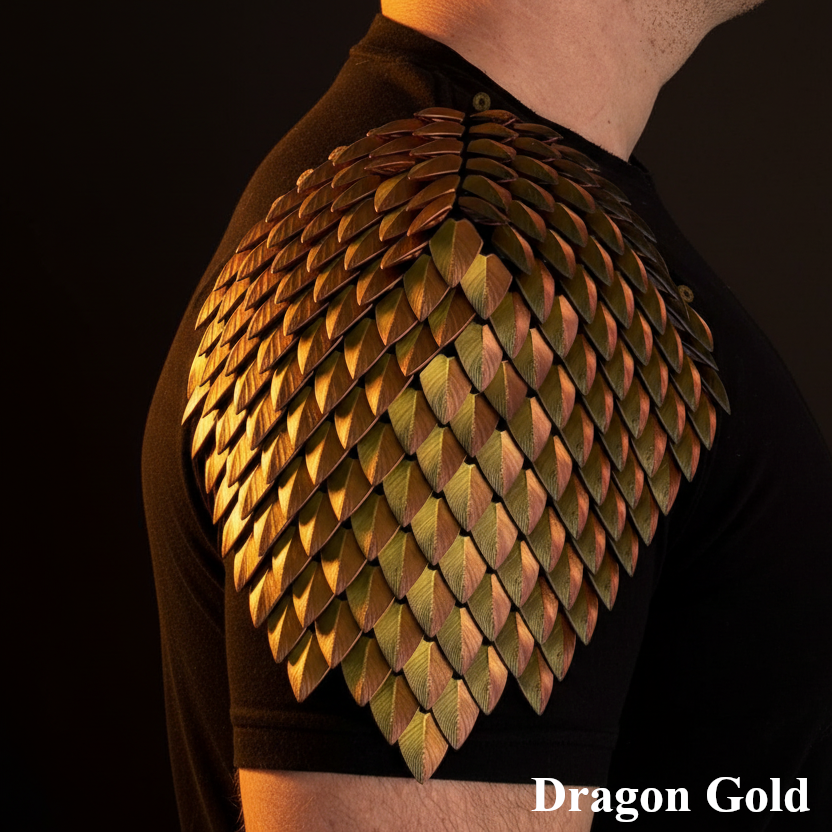 Dragon scale shoulder armor in gold color on a black background