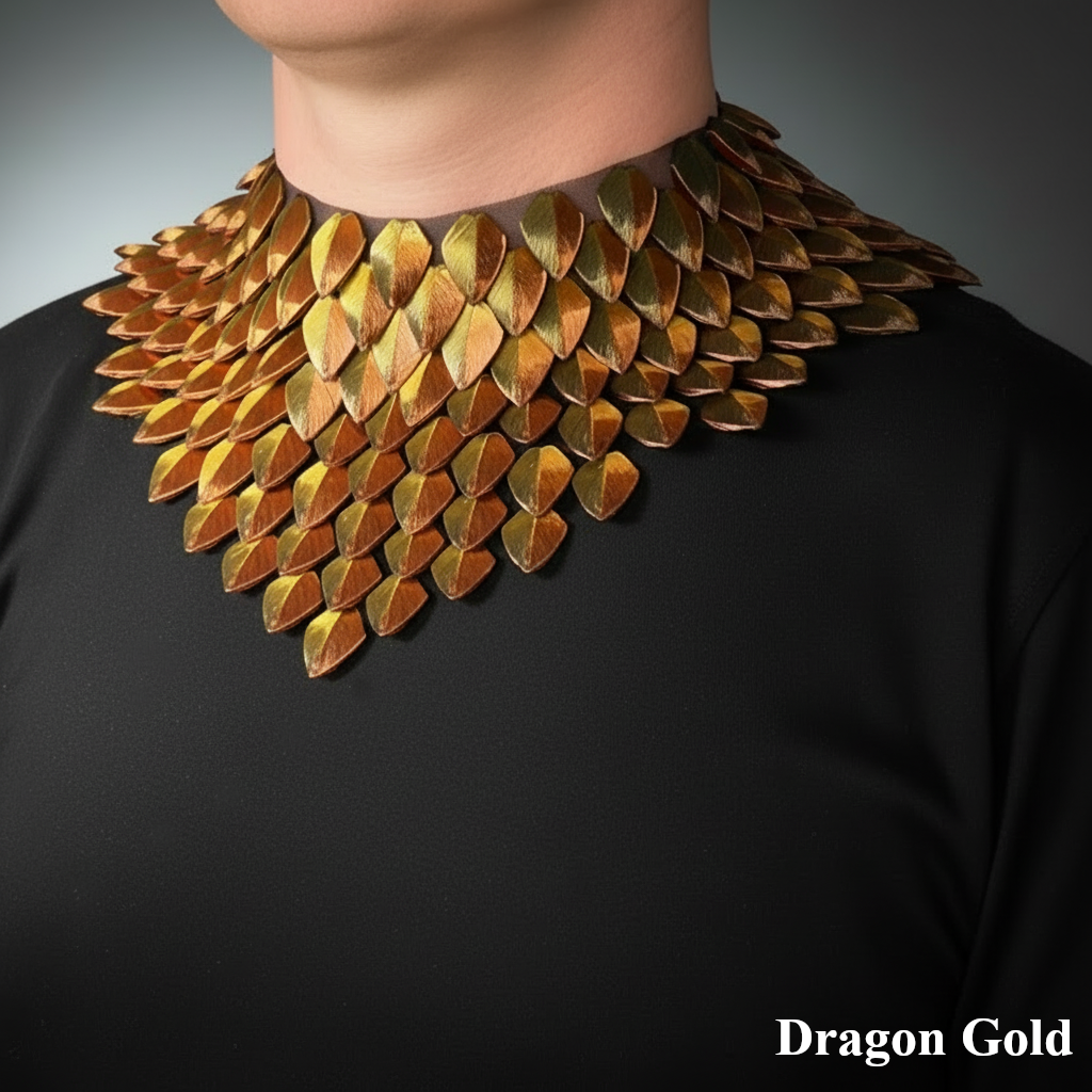 Gold scale-like necklace on a black background with 'Dragon Gold' text.