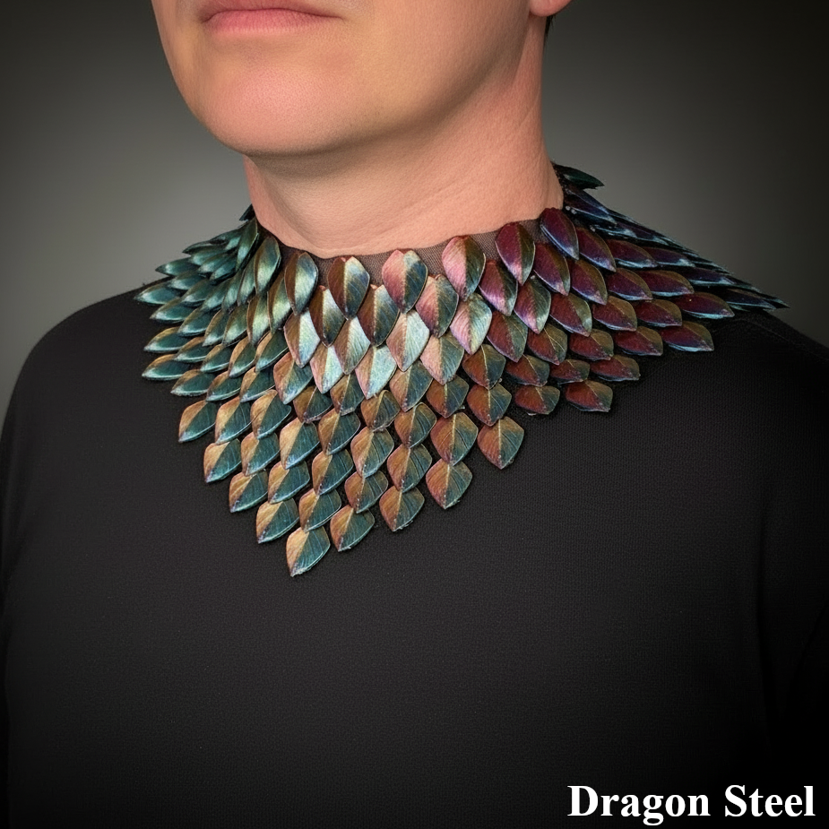 Person wearing a dragon scale necklace with 'Dragon Steel' branding on a dark background
