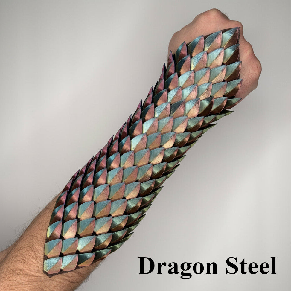 Metallic arm sleeve with diamond pattern labeled 'Dragon Steel' on a plain background