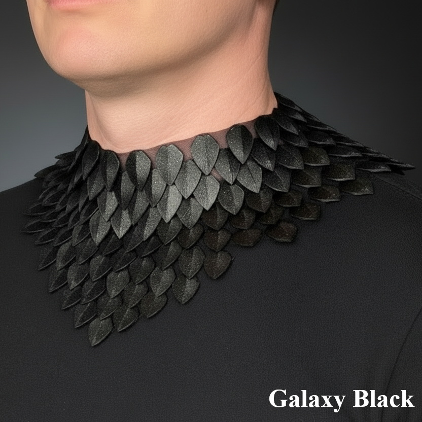 Black leather scale-like collar worn by a person on a dark background with 'Galaxy Black' text.