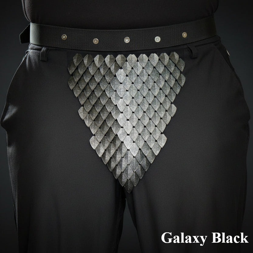Black leather belt with chainmail-like design on a dark background