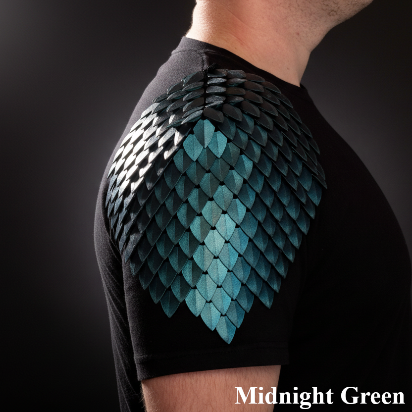 Black t-shirt with teal dragon scale design on a dark background
