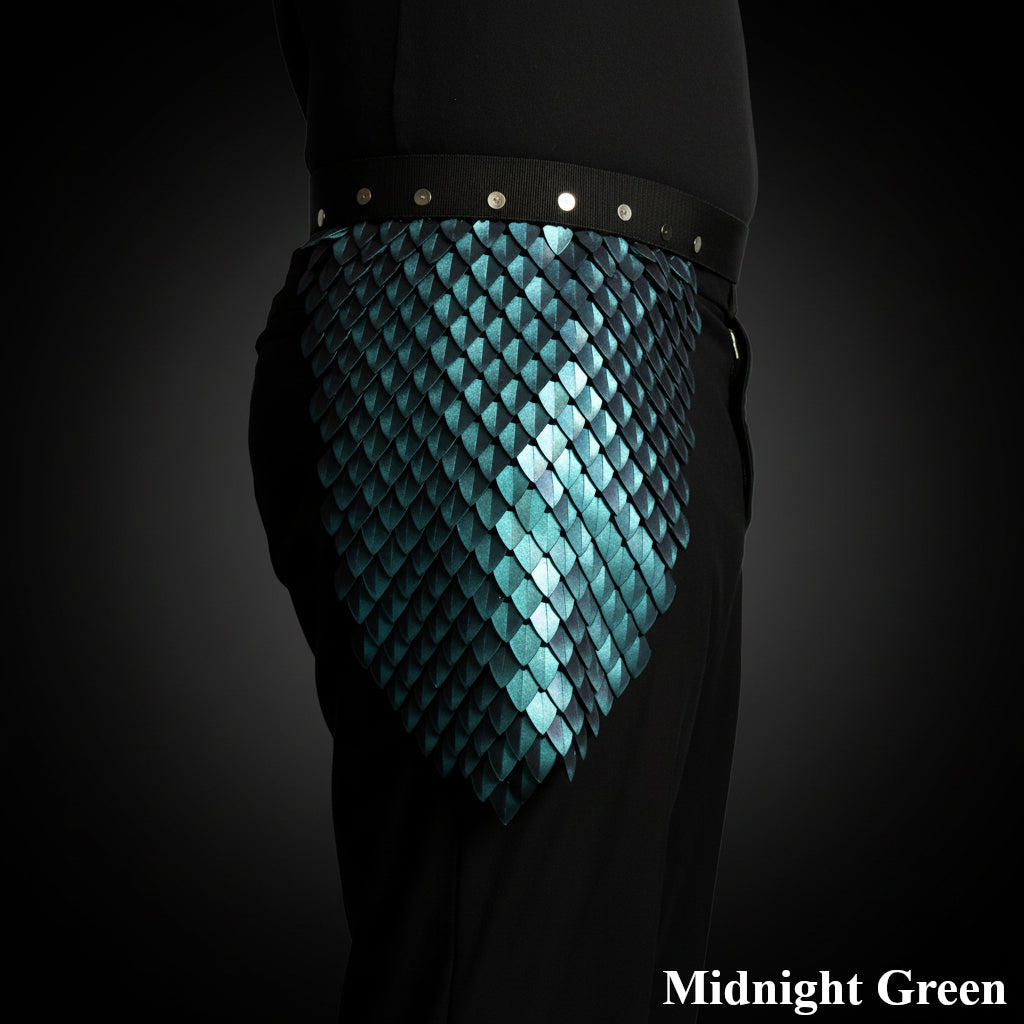 Teal fish-scale patterned fabric on a dark background with 'Midnight Green' text.