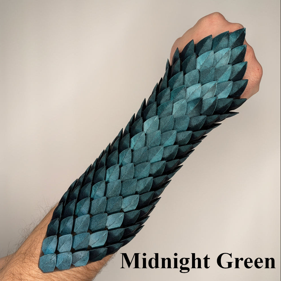 Arm wearing a green dragon scale bracer with 'Midnight Green' text.