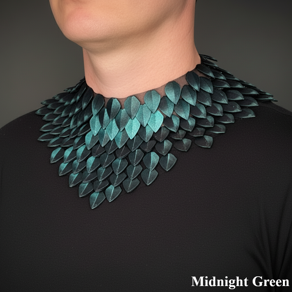 Green leaf-like collar worn by a person on a dark background