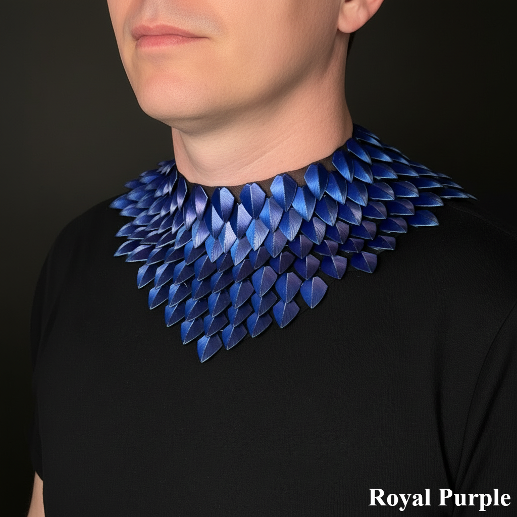 Person wearing a blue dragon scale collar with 'Royal Purple' text on a black background