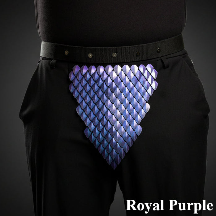 Black outfit with a blue and purple chainmail apron on a dark background