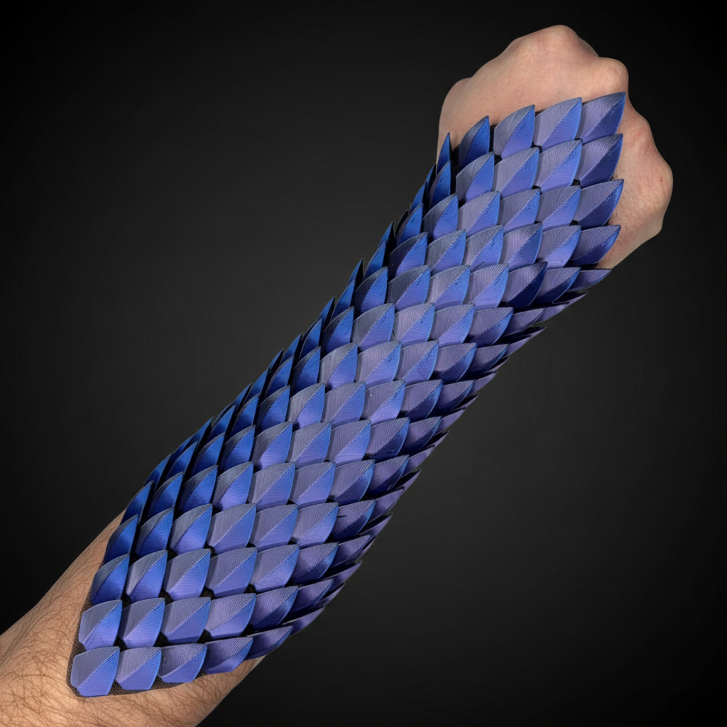 Blue sleeve with geometric pattern on a dark background