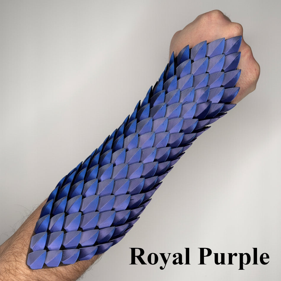 Arm with a blue, diamond-patterned bracer labeled 'Royal Purple' on a plain background