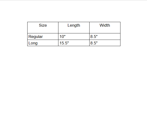 Table with dimensions of 'Regular' and 'Long' sizes