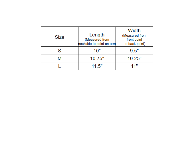 Measurement chart for size S, M, and L with length and width dimensions.