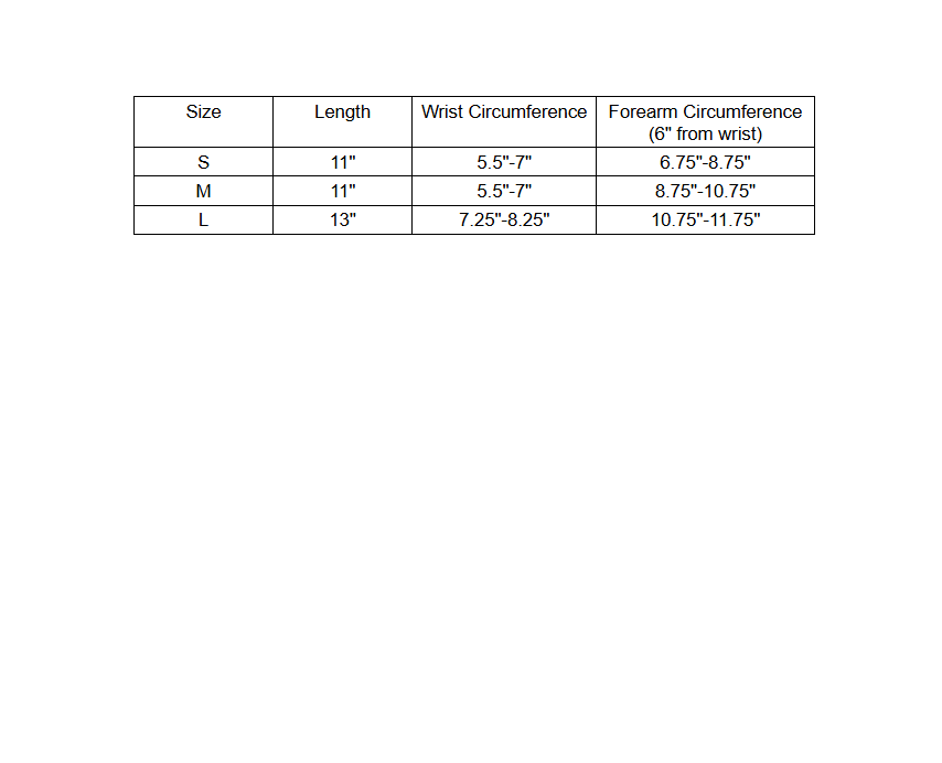 Table showing size chart for wrist and forearm measurements.