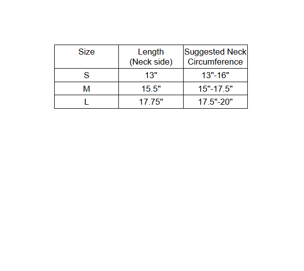 Table showing neck circumference and length for different sizes on a white background